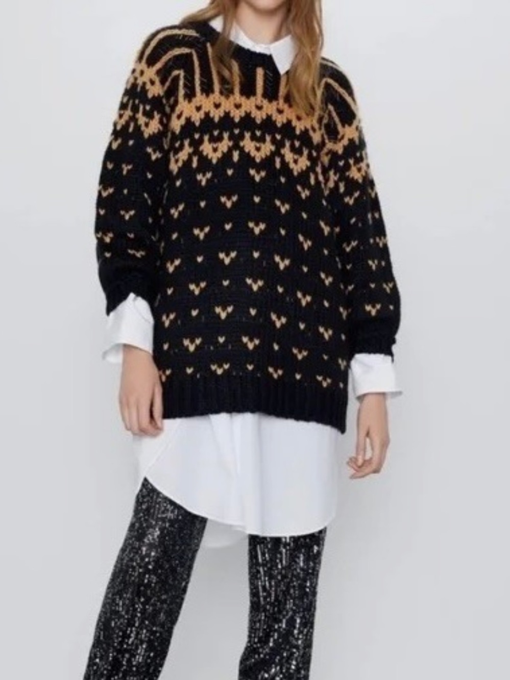 ZARA Limited Edition Beaded Jacquard Sweater Black Brown Oversized Chunky Sz.S